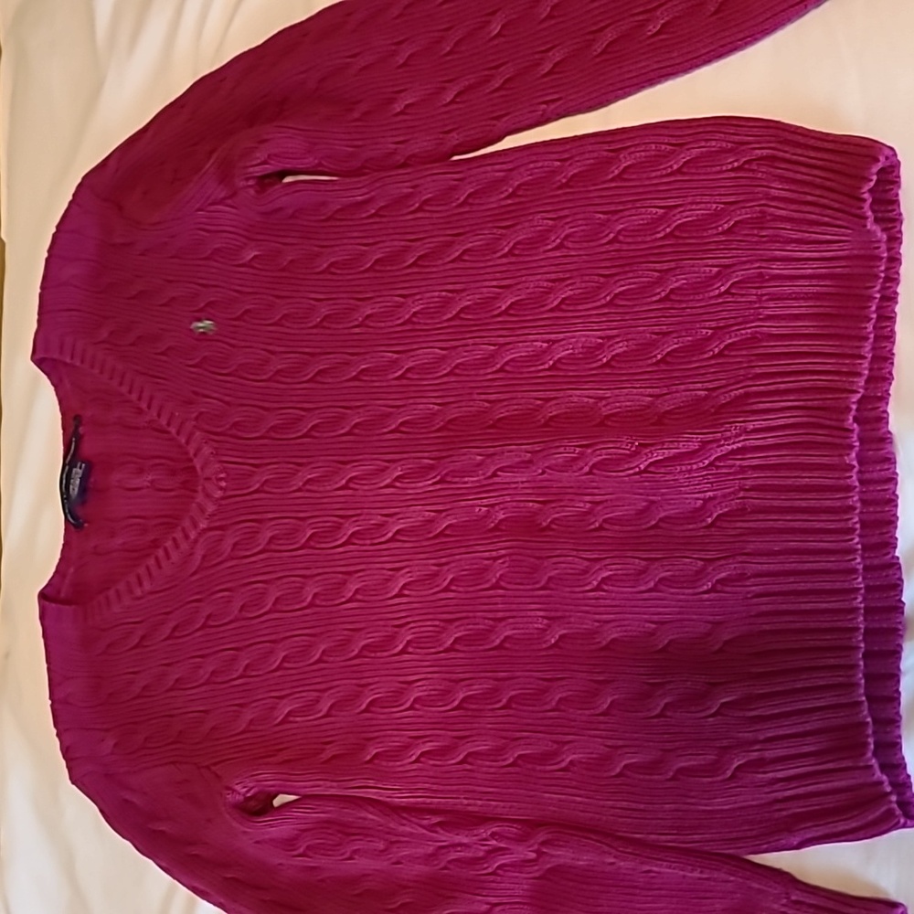 Ralph Lauren hot pink, V-neck, cable sweater size L
